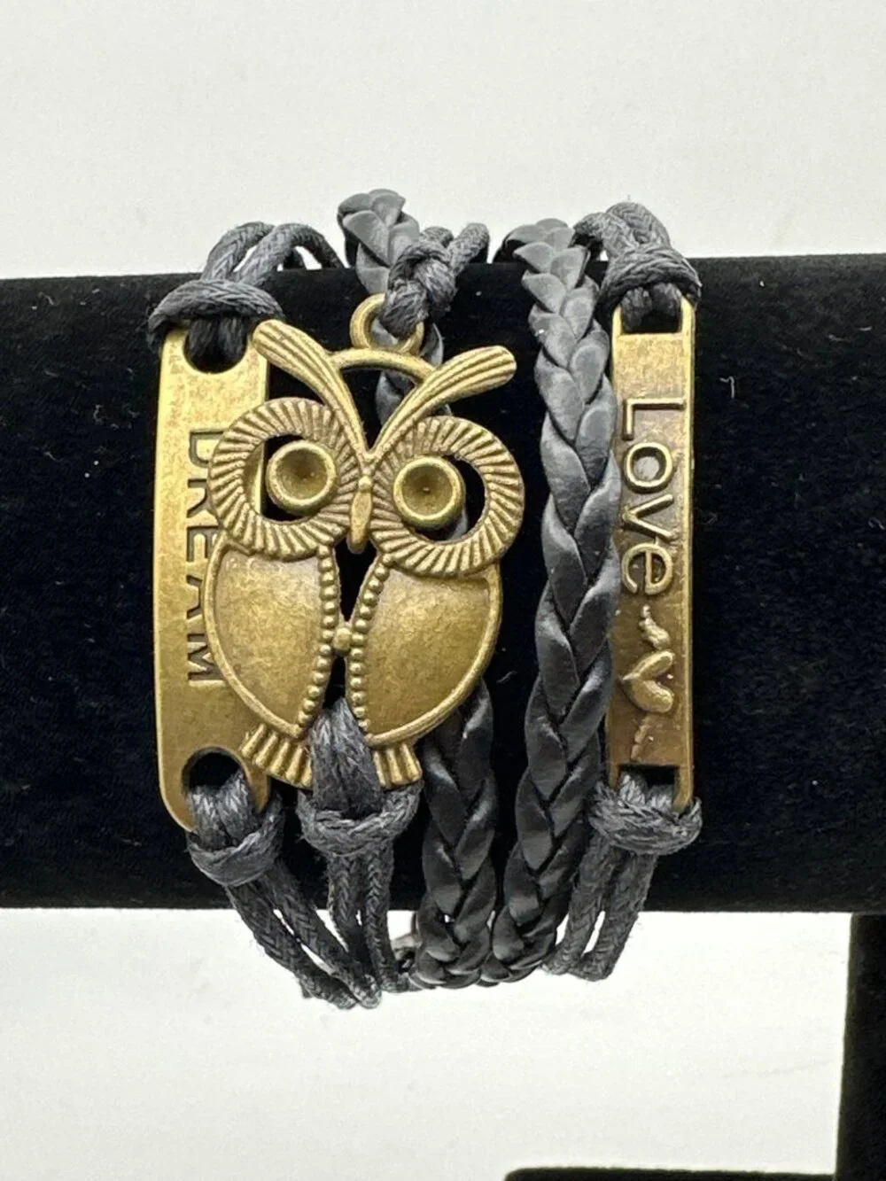 Vintage Owl Charm Black Wrap Bracelet Braided Band